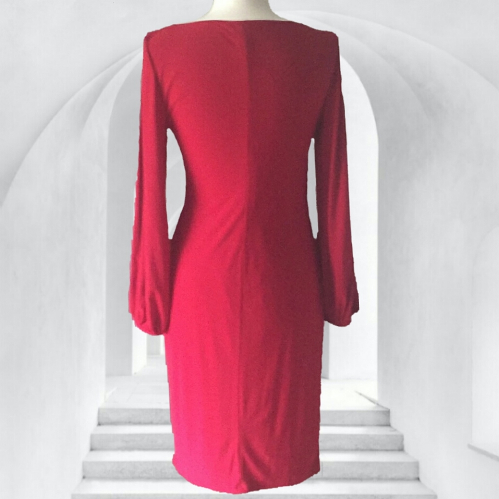 CHAPS Med RED STRETCH DRESS OPEN ARM SLIT LONG SLEEVE women asymetrical neckline - Picture 6 of 7